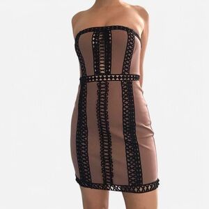Light brown / mauve strapless dress by Free People with crochet lace details